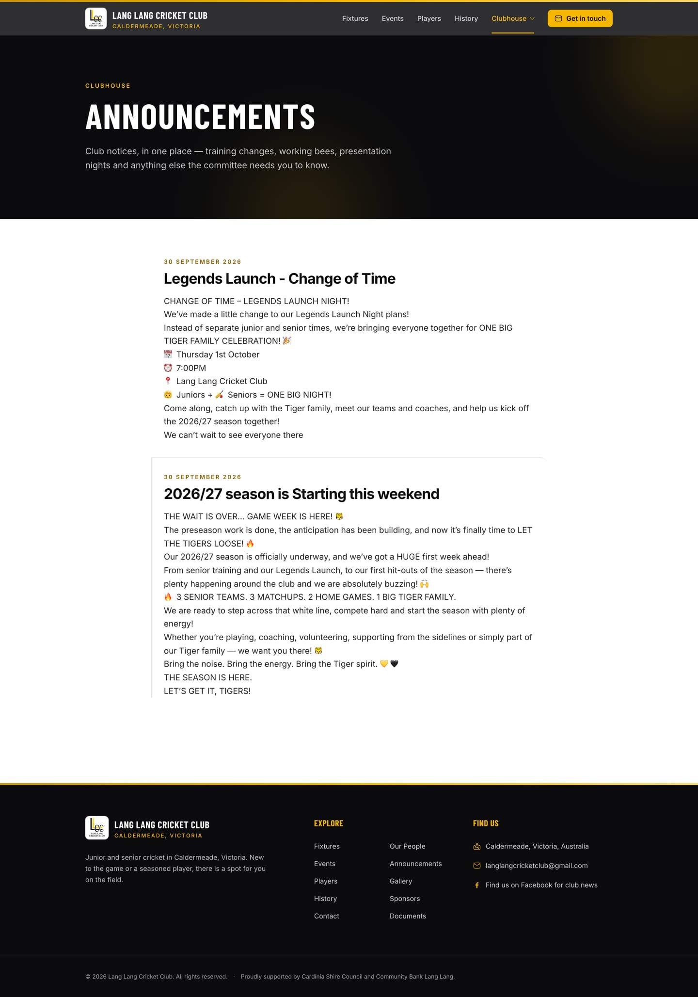 Lang Lang Clubhouse announcements page, full page: dated club notices in a single list