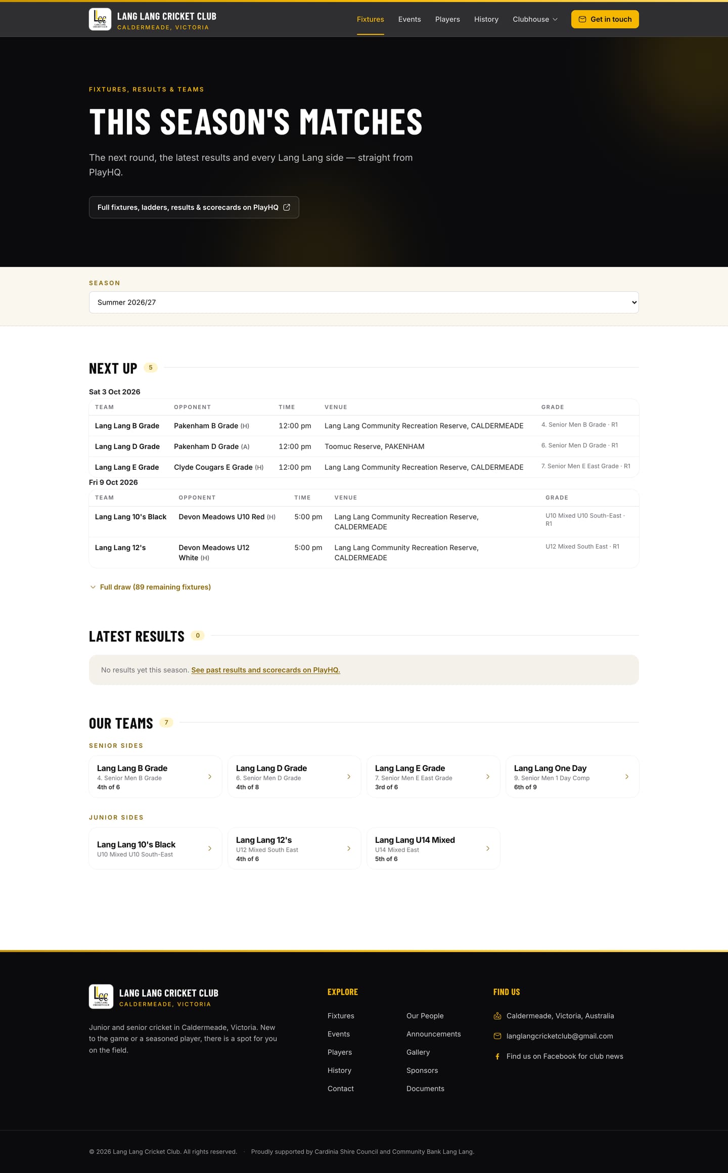 Lang Lang fixtures page, full page: next round matches by team, opponent, time, venue and grade from PlayHQ, then every side in the Our teams grid with its ladder position