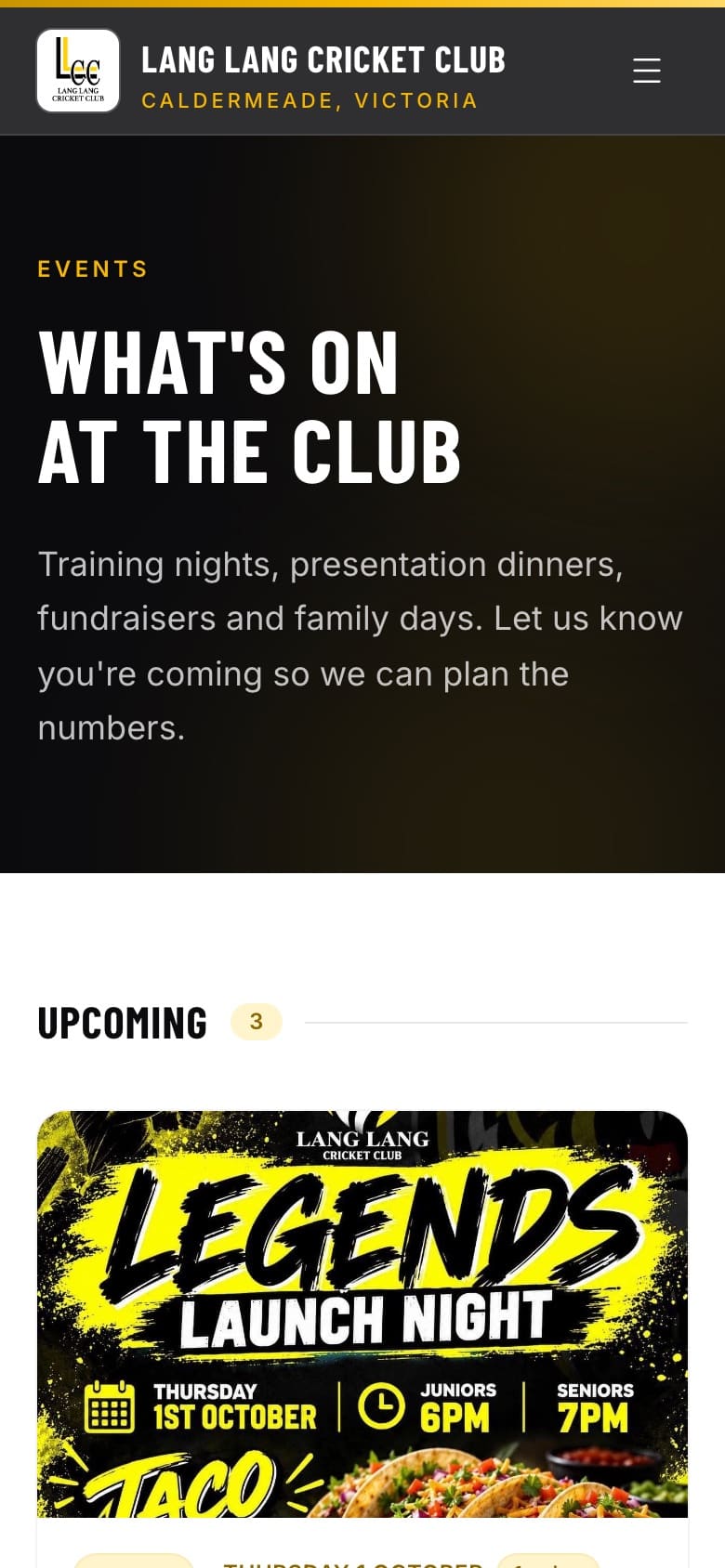 Events list on a phone: upcoming club events with dates, venues and RSVP counts