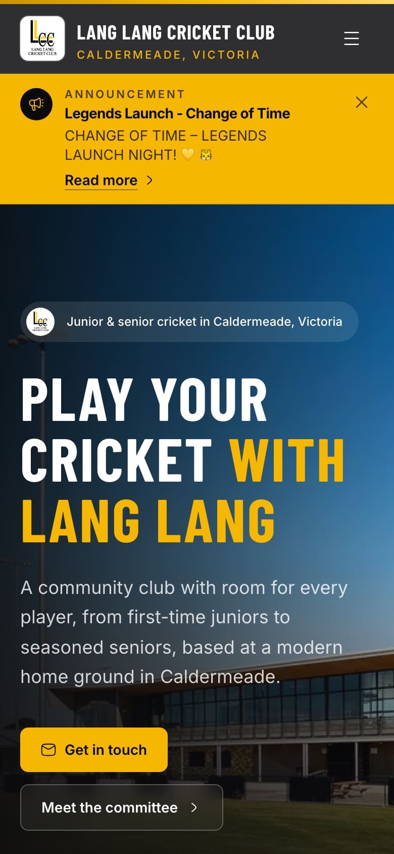 Lang Lang home page on a phone: announcement bar, club headline, next match card